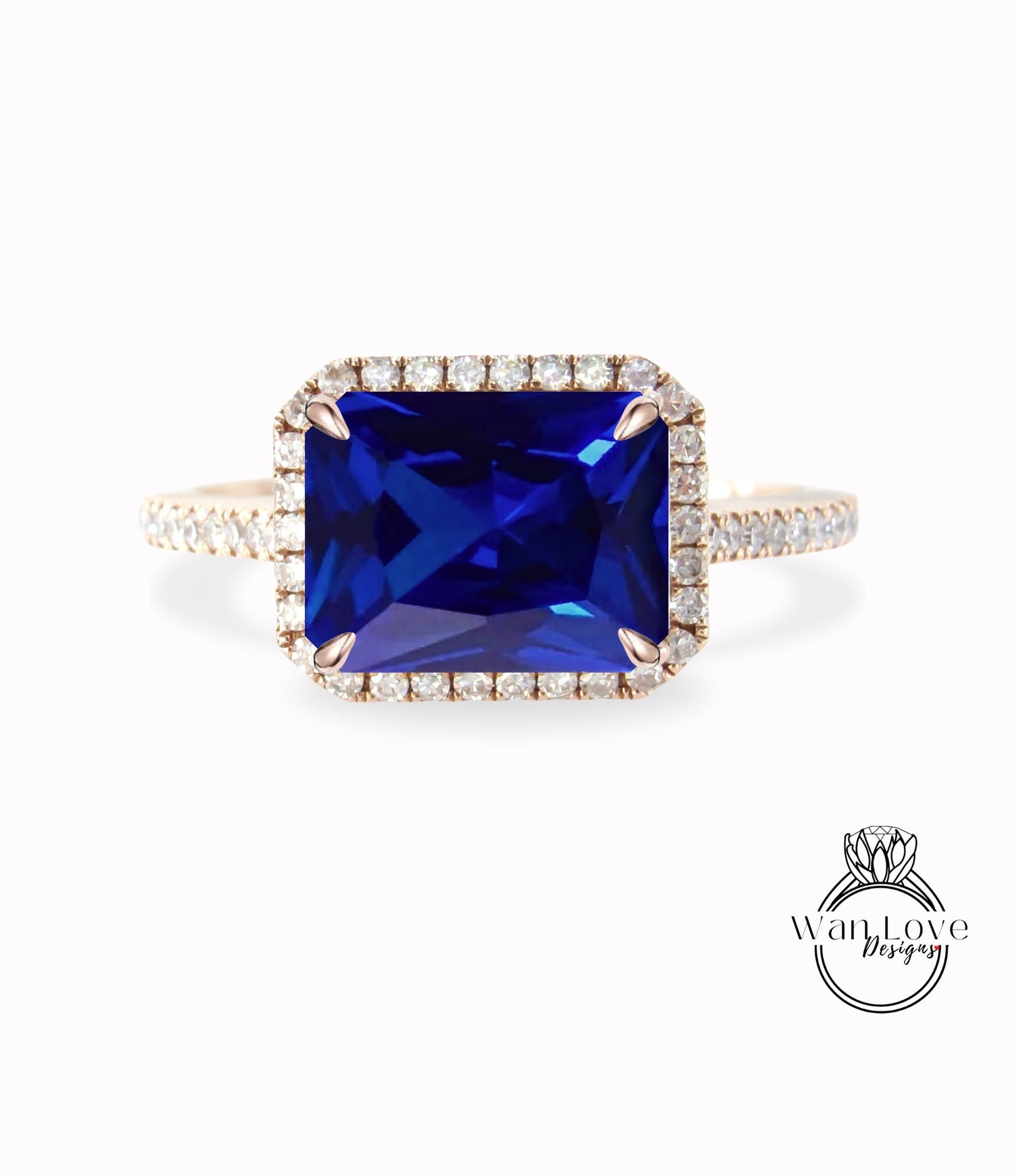 Blue Sapphire Diamond Emerald Halo East West Engagement Ring, Custom,14k 18k White Rose Yellow Gold, Platinum, Anniversary Gift