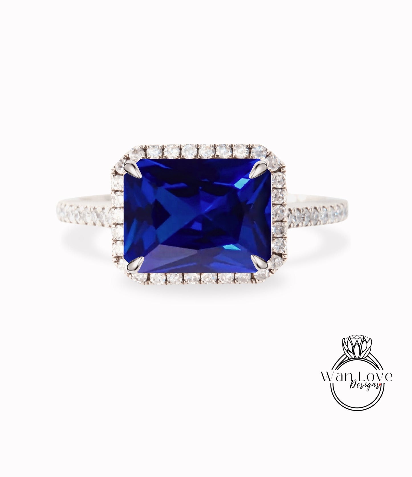 Blue Sapphire Diamond Emerald Halo East West Engagement Ring, Custom,14k 18k White Rose Yellow Gold, Platinum, Anniversary Gift