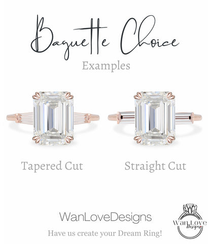 Lab diamond engagement ring emerald cut diamond baguette white gold minimalist diamond three stone ring wedding Bridal ring Anniversary gift