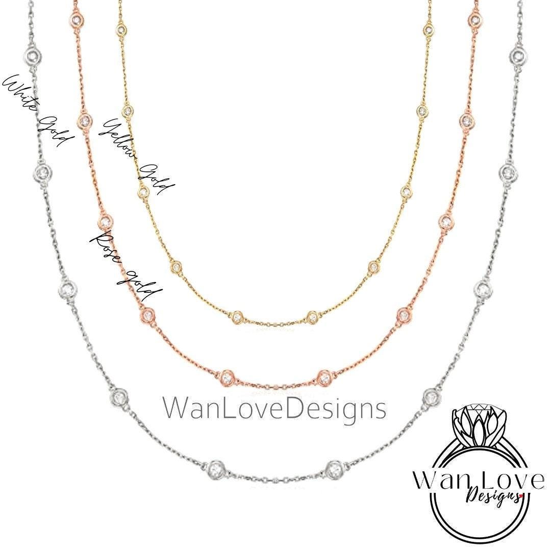 Diamond By the Yard Necklace / 10 Diamond Station Necklace / 14k Rose Gold Diamond Necklace/ 1 Carat Birthstone Bezel Set Necklace Gift her Wan Love Designs