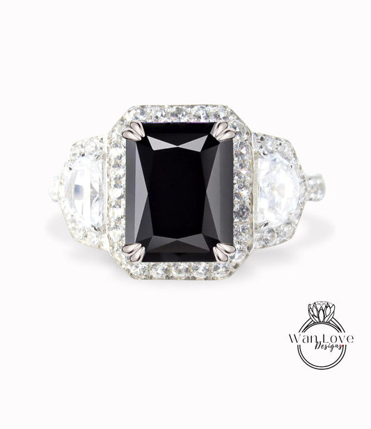 Emerald cut Black Spinel ring prong ring half moon diamond ring radiant moissanite white gold ring vintage ring art deco ring bridal ring