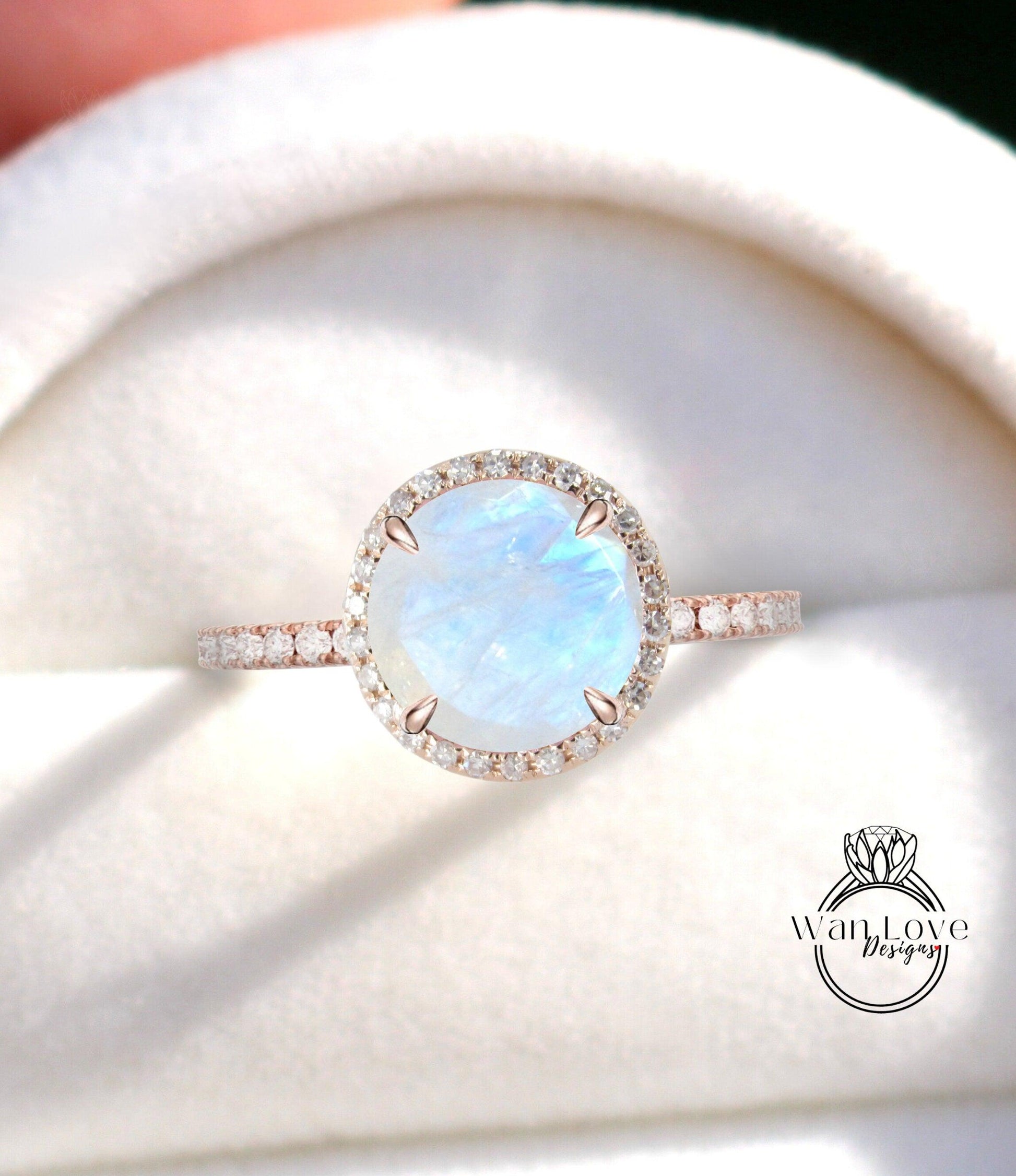 Round Moonstone engagement ring vintage rose gold unique diamond halo ring round moon stone diamond ring wedding Bridal Anniversary gift Wan Love Designs