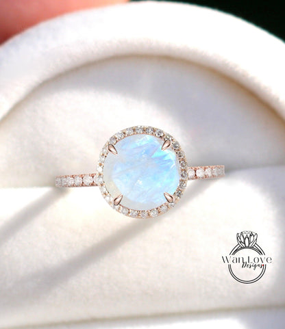 Round Moonstone engagement ring vintage rose gold unique diamond halo ring round moon stone diamond ring wedding Bridal Anniversary gift Wan Love Designs