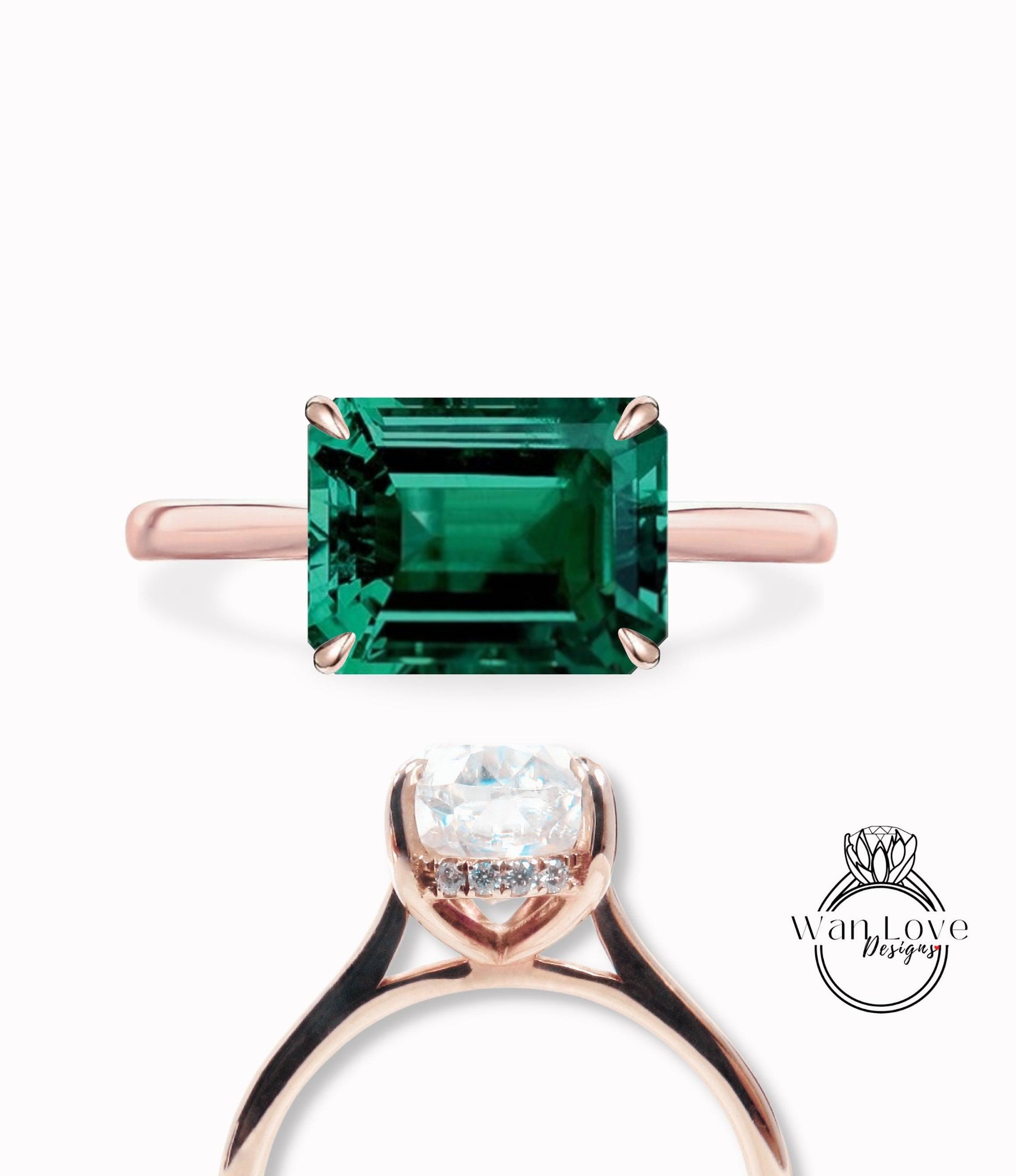 Emerald & Diamond Engagement Ring, Side Halo Ring, Emerald cut ring, Plain band shank ring, Custom, Wedding or Anniversary ring