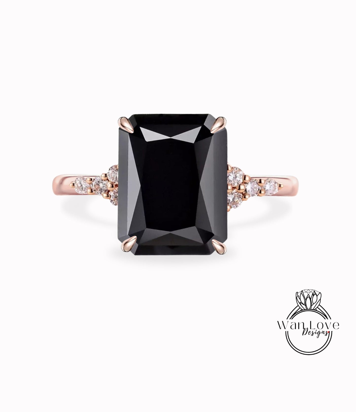 Black Spinel engagement ring vintage Emerald cut Moissanite diamond Unique Cluster rose gold engagement ring Bridal promise gift