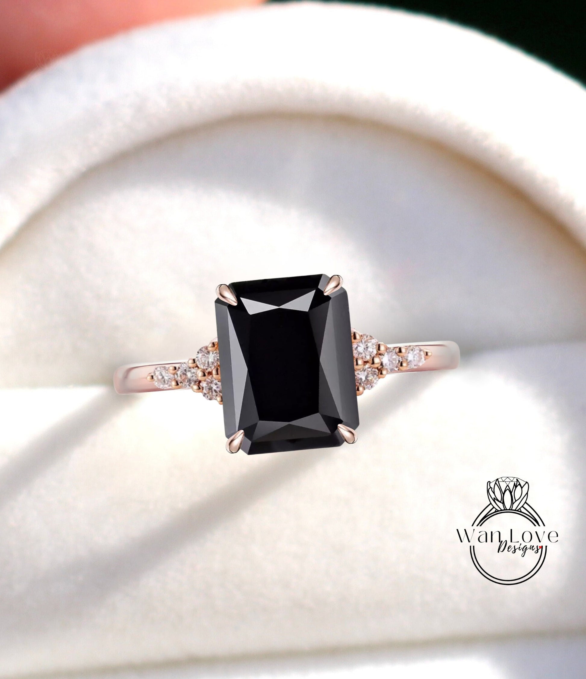 Black Spinel engagement ring vintage Emerald cut Moissanite diamond Unique Cluster rose gold engagement ring Bridal promise gift