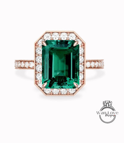 Milgrain Halo Emerald Diamond Engagement Ring/ Half Eternity Green Emerald Rings/ Diamond Halo Wedding Rings/ Statement Ring