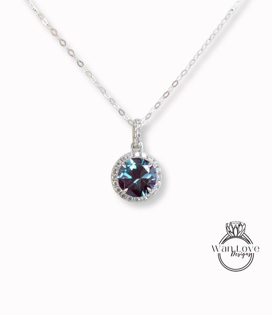 14K White Gold /Round Halo Necklace /Round Alexandrite and Diamond Necklace /Layering Diamond Necklace /Dainty Diamond Necklace/Gift for her