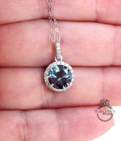 14K White Gold /Round Halo Necklace /Round Alexandrite and Diamond Necklace /Layering Diamond Necklace /Dainty Diamond Necklace/Gift for her