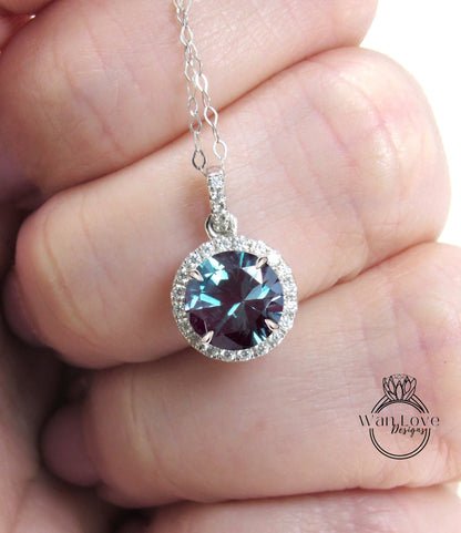 14K White Gold /Round Halo Necklace /Round Alexandrite and Diamond Necklace /Layering Diamond Necklace /Dainty Diamond Necklace/Gift for her