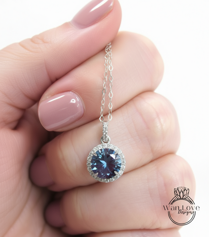 14K White Gold /Round Halo Necklace /Round Alexandrite and Diamond Necklace /Layering Diamond Necklace /Dainty Diamond Necklace/Gift for her