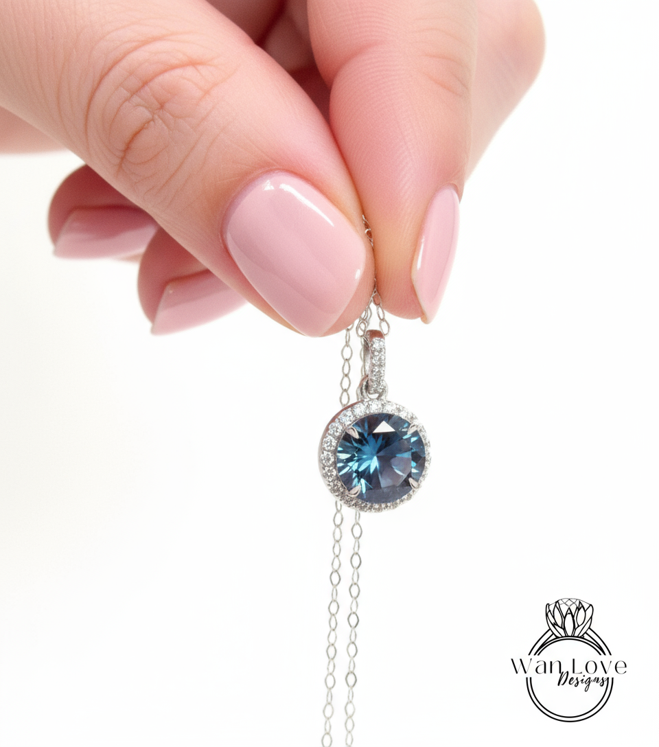 14K White Gold /Round Halo Necklace /Round Alexandrite and Diamond Necklace /Layering Diamond Necklace /Dainty Diamond Necklace/Gift for her