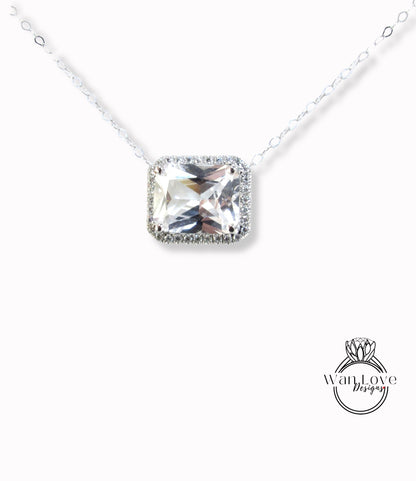 White Sapphire Emerald Halo Pendant art deco necklace East West Vertical Halo Charm 4ct emerald halo wedding anniversary gift for her Ready