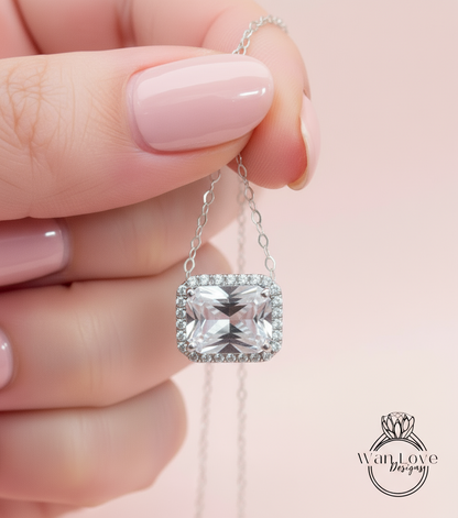 White Sapphire Emerald Halo Pendant art deco necklace East West Vertical Halo Charm 4ct emerald halo wedding anniversary gift for her Ready