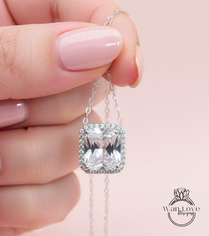 White Sapphire Emerald Halo Pendant art deco necklace East West Vertical Halo Charm 4ct emerald halo wedding anniversary gift for her Ready