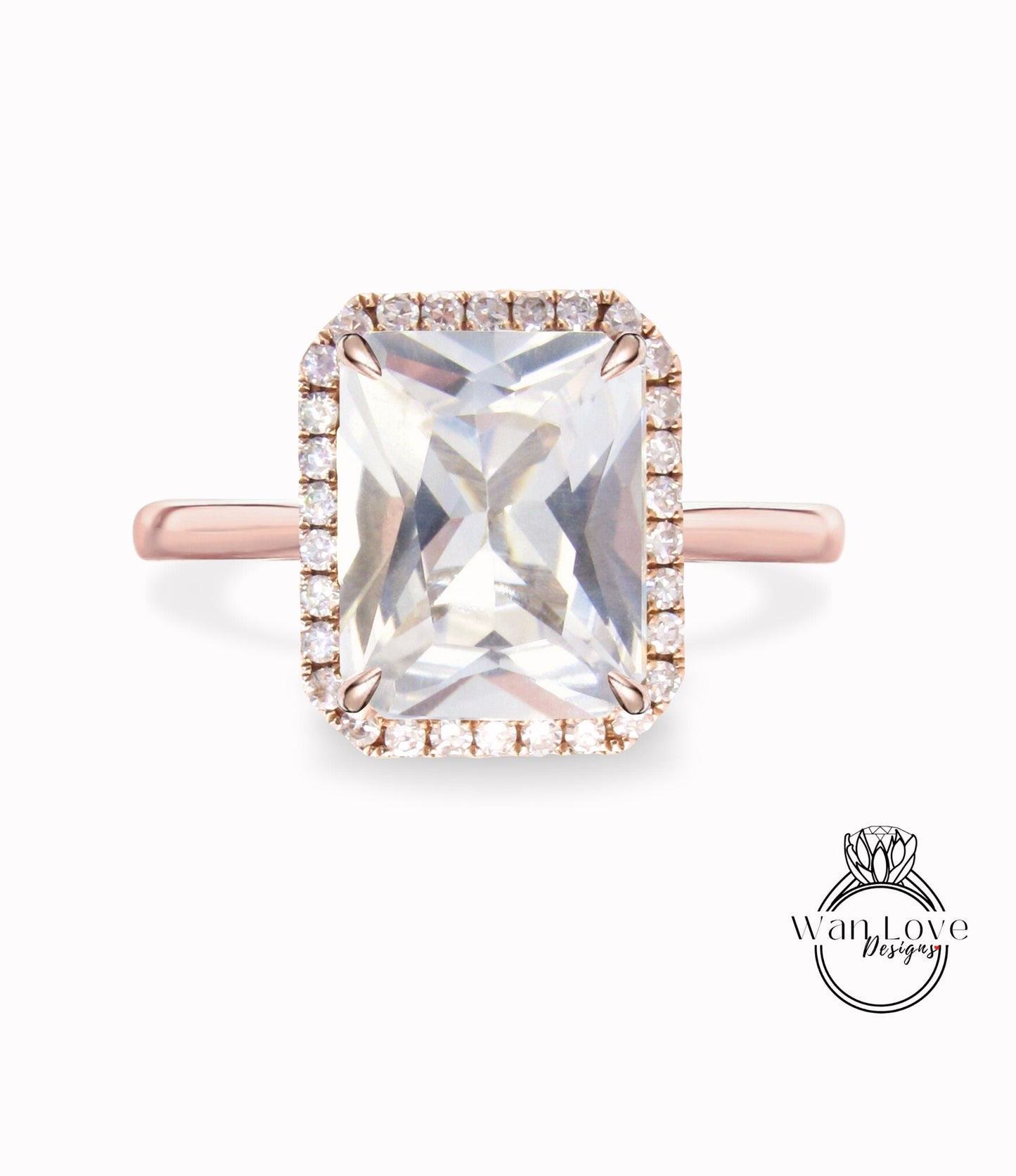 Emerald cut White Sapphire engagement ring rose gold halo ring diamond halo tapered plain thin dainty band art deco anniversary promise ring