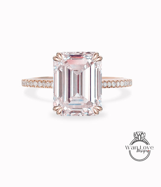 Light Pink Sapphire Engagement Ring Rose gold Emerald cut engagement ring half eternity diamond wedding Bridal ring prong promise Aniversary