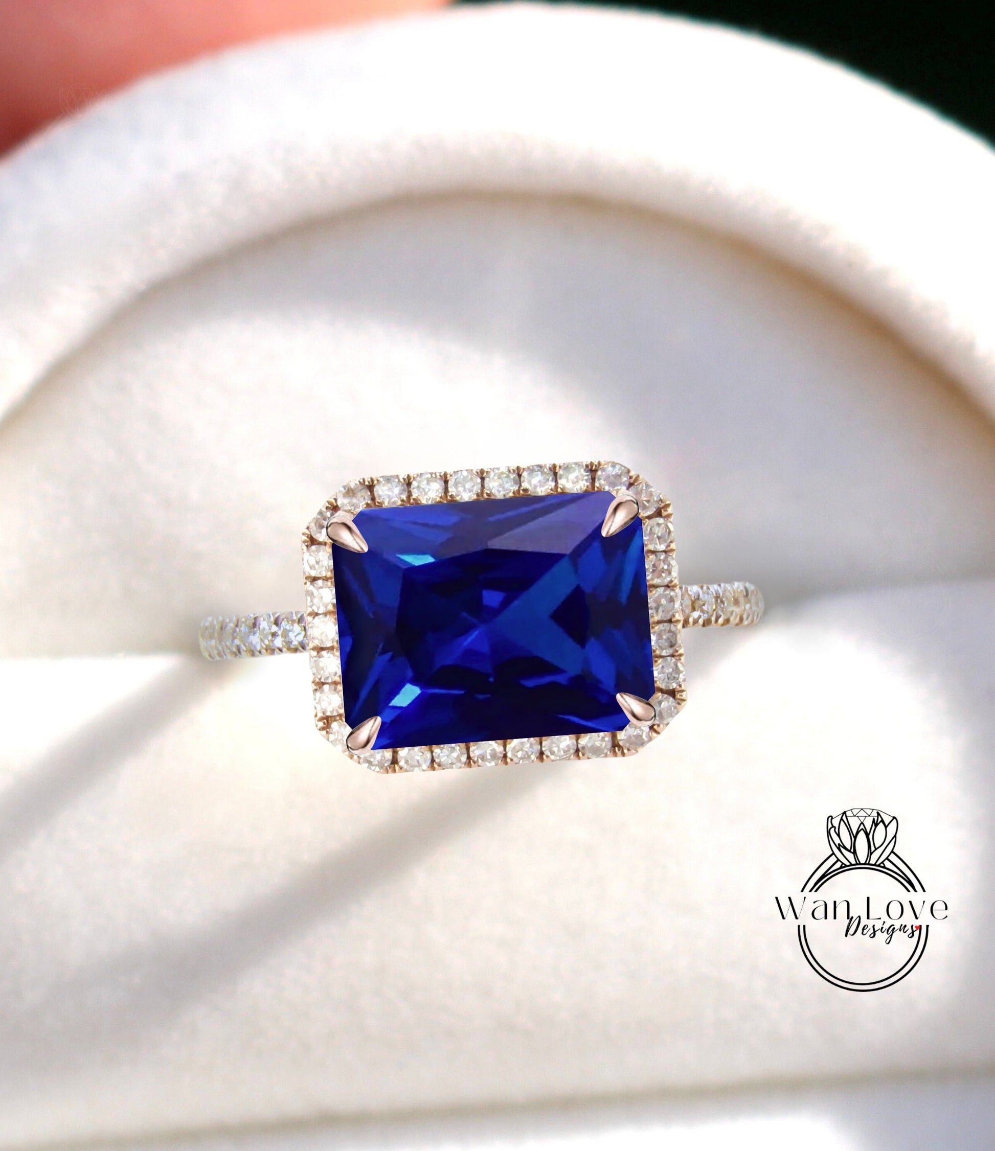 Blue Sapphire Diamond Emerald Halo East West Engagement Ring, Custom,14k 18k White Rose Yellow Gold, Platinum, Anniversary Gift