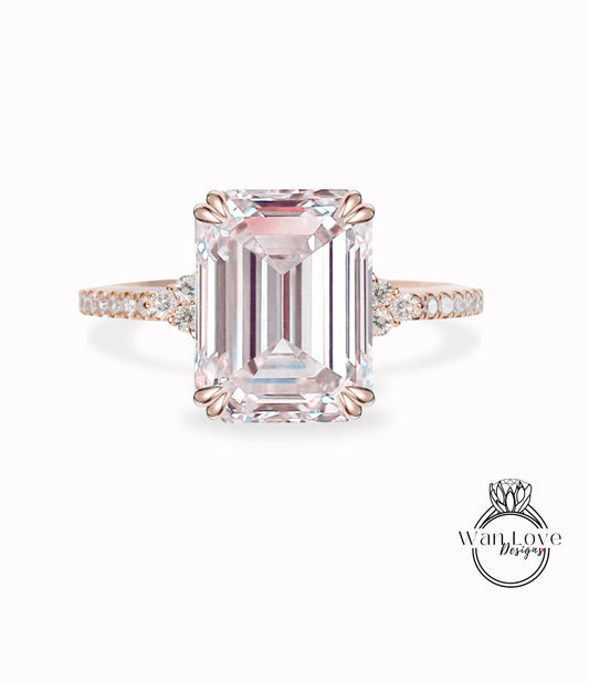 Emerald cut Light Pink Sapphire engagement ring vintage diamond Cluster gold engagement ring for women Bridal anniversary gift for her