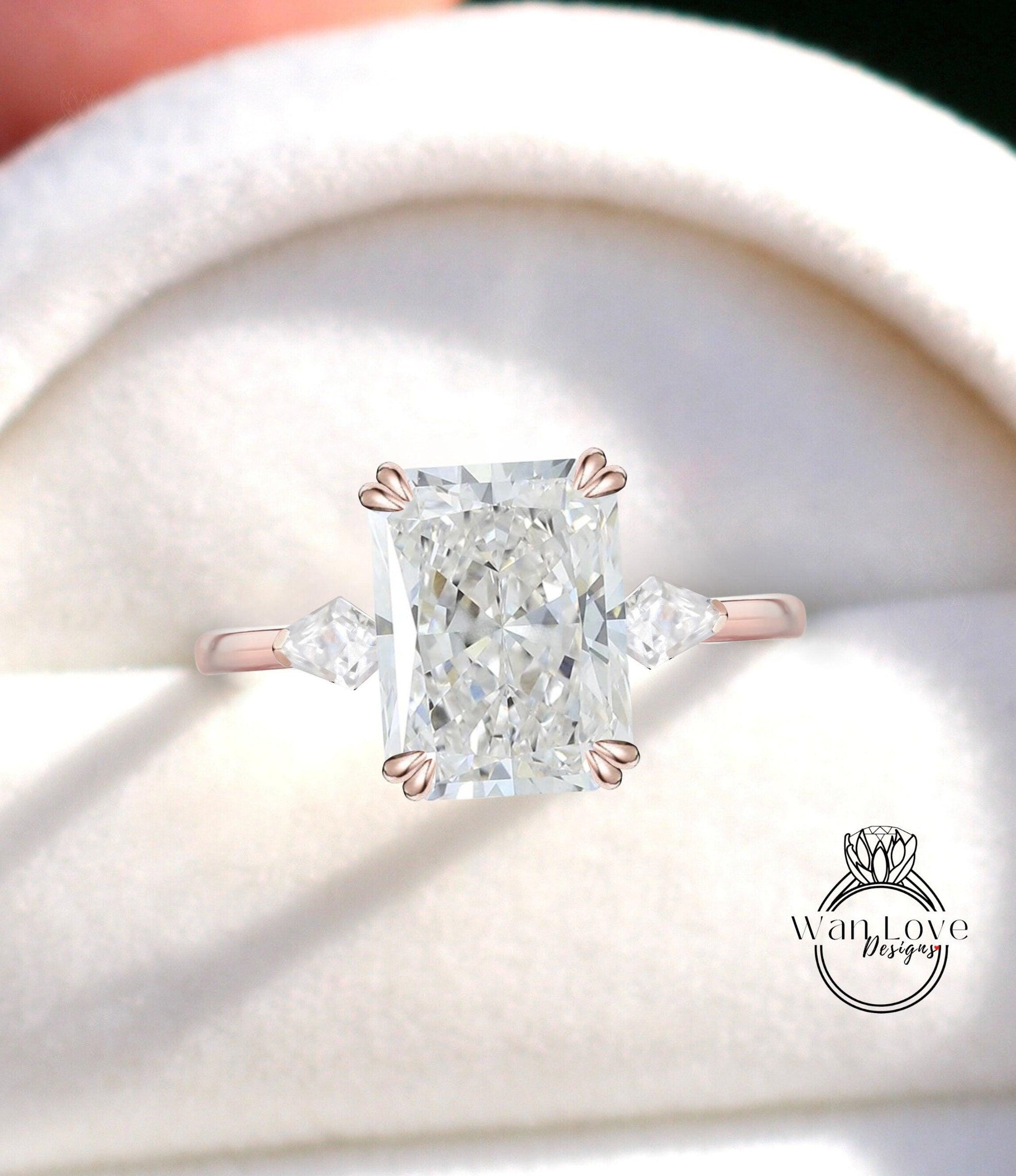 Radiant diamond engagement ring, Radiant cut diamond ring with side kite diamonds, three stone ring, wedding Bridal ring, Anniversary gift Wan Love Designs