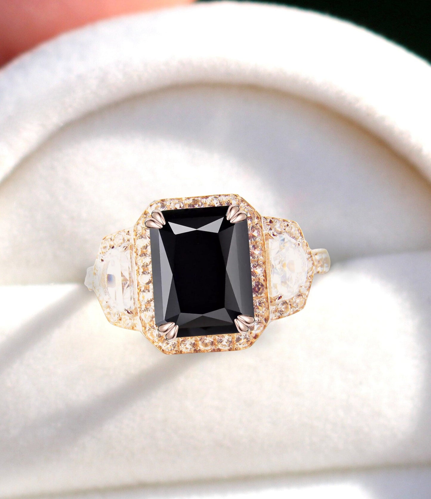 Emerald cut Black Spinel ring prong ring half moon diamond ring radiant moissanite white gold ring vintage ring art deco ring bridal ring