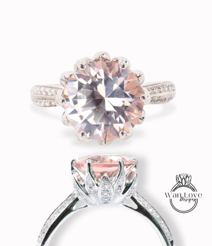 Round Cut Peach Sapphire Engagement Ring, 14k White Gold Diamond Lotus Flower Wedding Ring, Promise Bridal Anniversary Ring, Proposal Ring