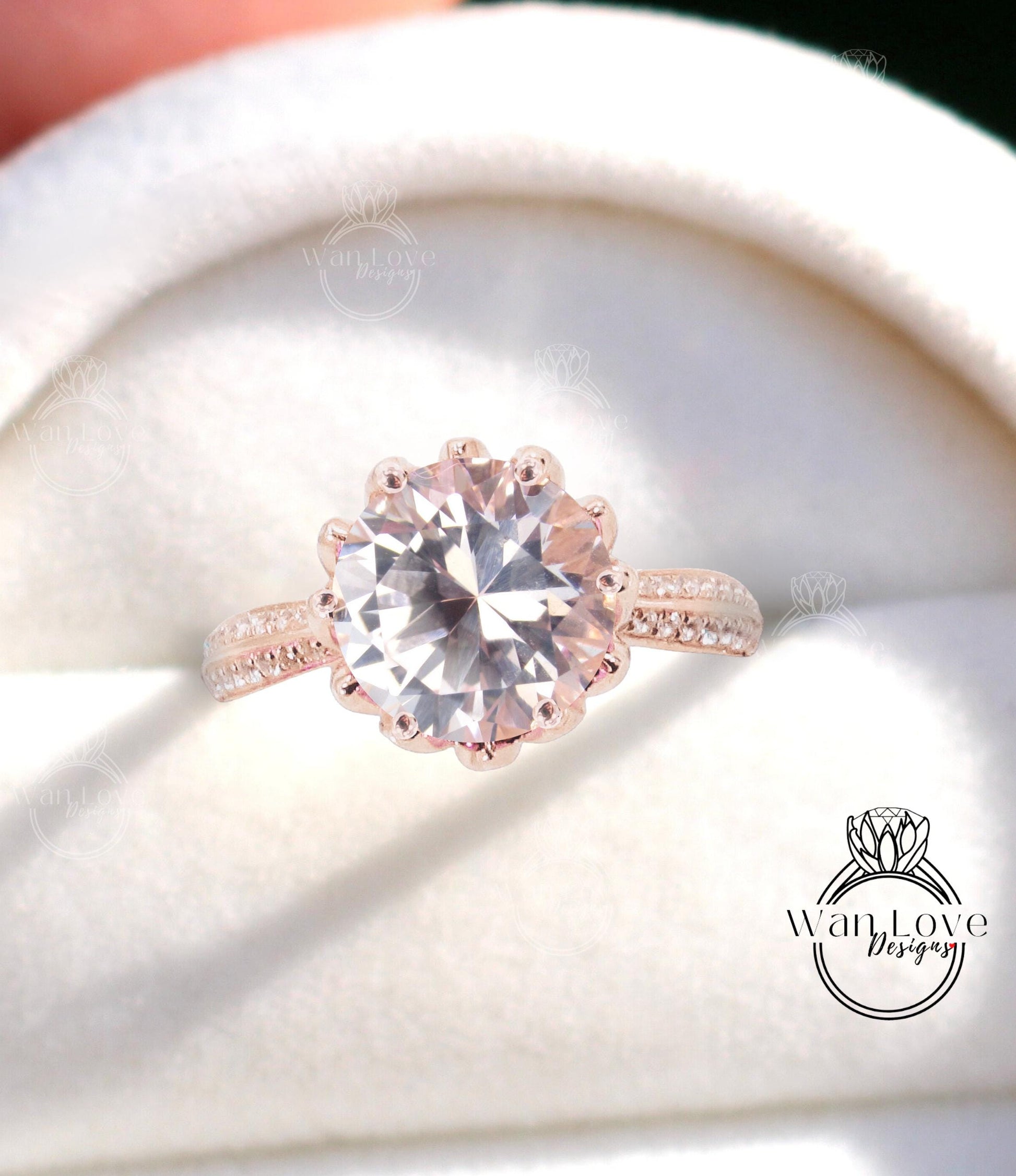 Round Cut Peach Sapphire Engagement Ring, 14k White Gold Diamond Lotus Flower Wedding Ring, Promise Bridal Anniversary Ring, Proposal Ring