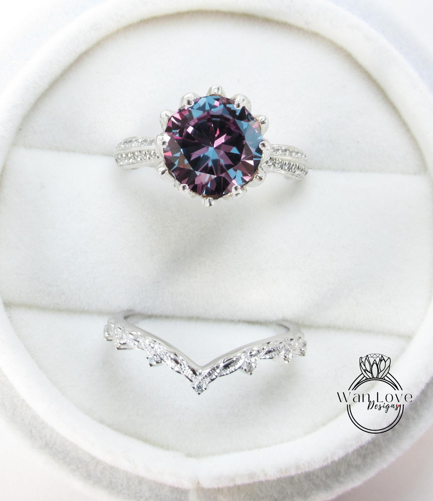 Lotus Alexandrite Sapphire & diamond ring set, engagement ring and wedding band, leaves ring, diamond wedding ring, flower engagement ring