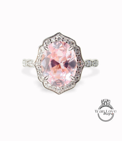 Oval shaped Peach Sapphire engagement ring diamond halo ring moissanite scalloped ring unique vintage ring rose gold ring anniversary ring