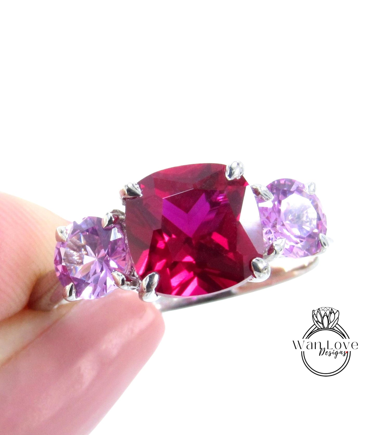 Cushion cut engagement ring vintage Ruby Pink Sapphire engagement ring women Art deco Three stone Alternative Round wedding Anniversary gift