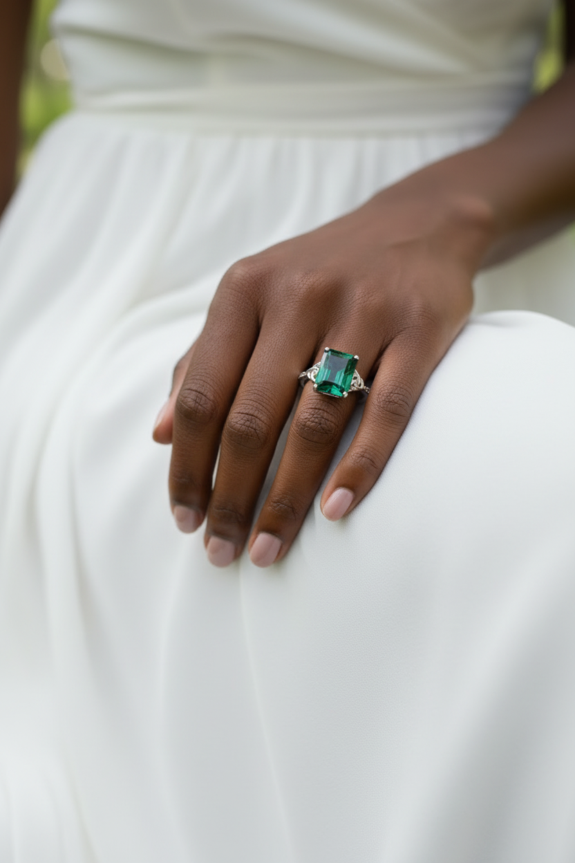Anello di fidanzamento con nodo celtico smeraldo da 5 ct, anello con taglio smeraldo, anello in oro bianco, anello celtico, anello con diamanti, anello anniversario nuziale unico, nave pronta.