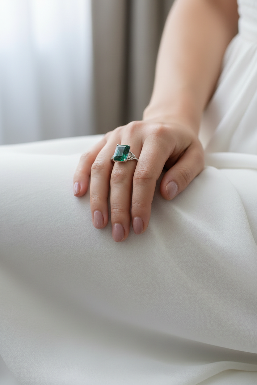 Anello di fidanzamento con nodo celtico smeraldo da 5 ct, anello con taglio smeraldo, anello in oro bianco, anello celtico, anello con diamanti, anello anniversario nuziale unico, nave pronta.