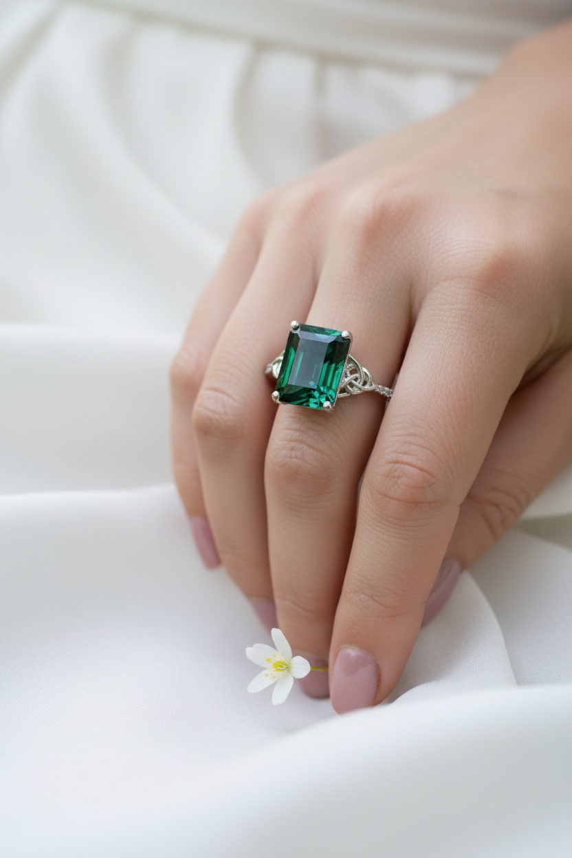 Anello di fidanzamento con nodo celtico smeraldo da 5 ct, anello con taglio smeraldo, anello in oro bianco, anello celtico, anello con diamanti, anello anniversario nuziale unico, nave pronta.