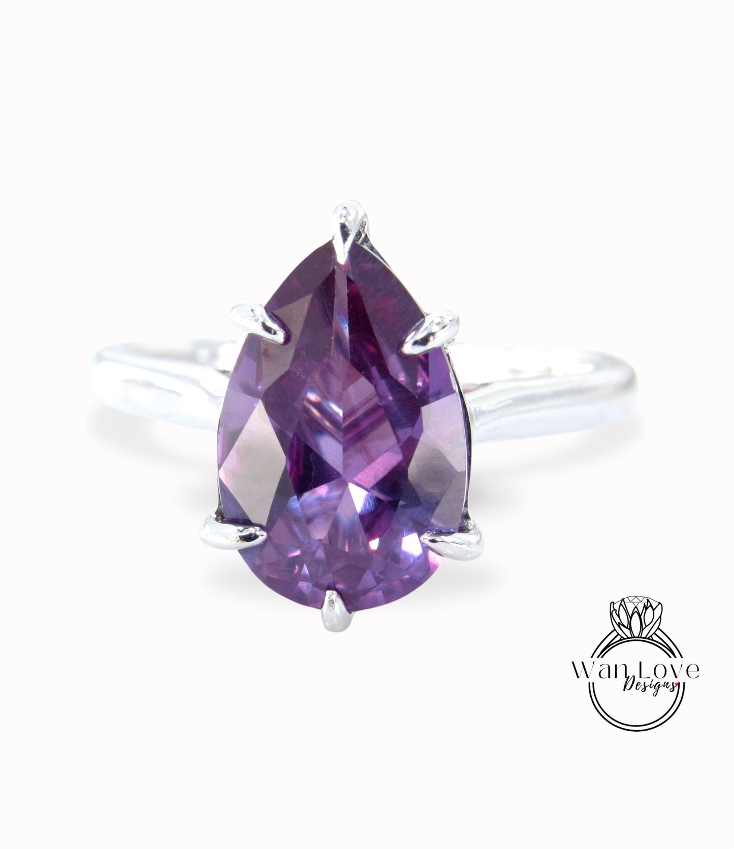 Purple Sapphire Alexandrite Color Pear 6 Prong Solitaire Engagement Ring, 14k 18k White Rose Gold-Platinum-Custom-Wedding, WanLoveDesigns