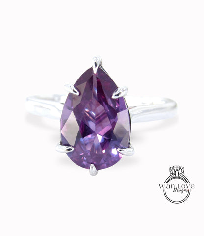 Purple Sapphire Alexandrite Color Pear 6 Prong Solitaire Engagement Ring, 14k 18k White Rose Gold-Platinum-Custom-Wedding, WanLoveDesigns