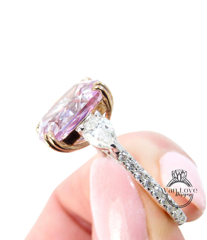 Light Pink Sapphire Moissanite Elongated Cushion Pear Engagement Ring, 3 Gem, 4ct 10x8mm Custom, Anniversary, 14k 18k Gold, Platinum