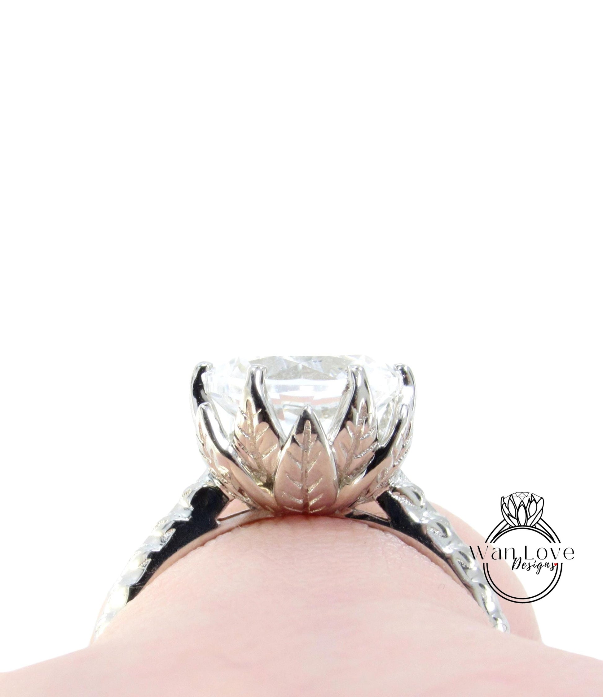 Unique White Sapphire engagement ring Lotus Flower Leaf Art deco Vintage engagement ring women Antique Flower Bridal Anniversary gift, Ready