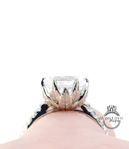 Unique White Sapphire engagement ring Lotus Flower Leaf Art deco Vintage engagement ring women Antique Flower Bridal Anniversary gift, Ready