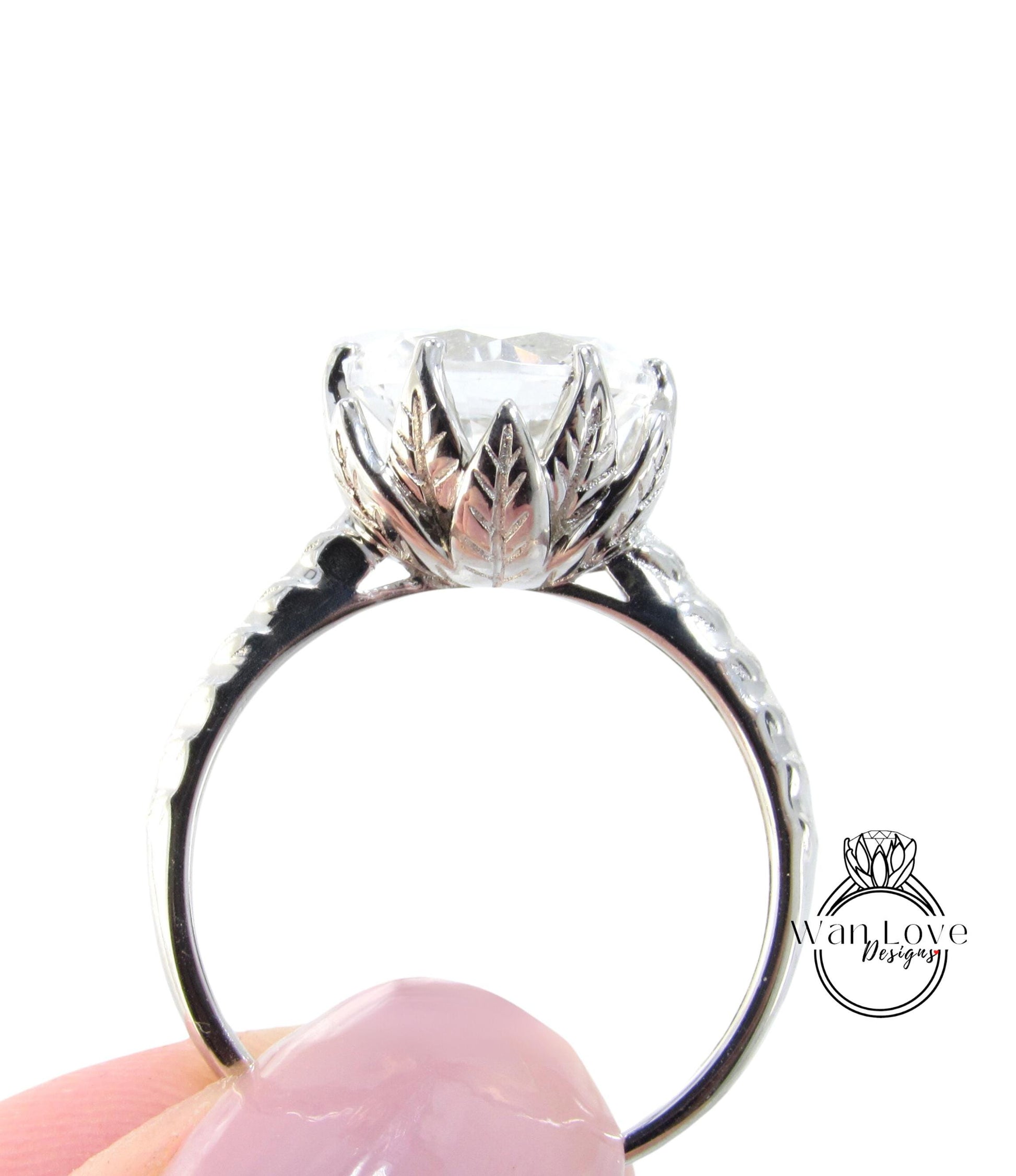 Unique White Sapphire engagement ring Lotus Flower Leaf Art deco Vintage engagement ring women Antique Flower Bridal Anniversary gift, Ready