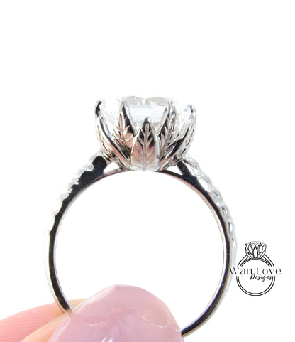 Unique White Sapphire engagement ring Lotus Flower Leaf Art deco Vintage engagement ring women Antique Flower Bridal Anniversary gift, Ready