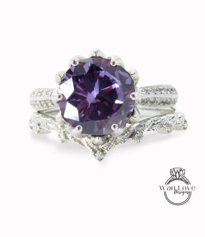 Lotus Alexandrite Sapphire & diamond ring set, engagement ring and wedding band, leaves ring, diamond wedding ring, flower engagement ring