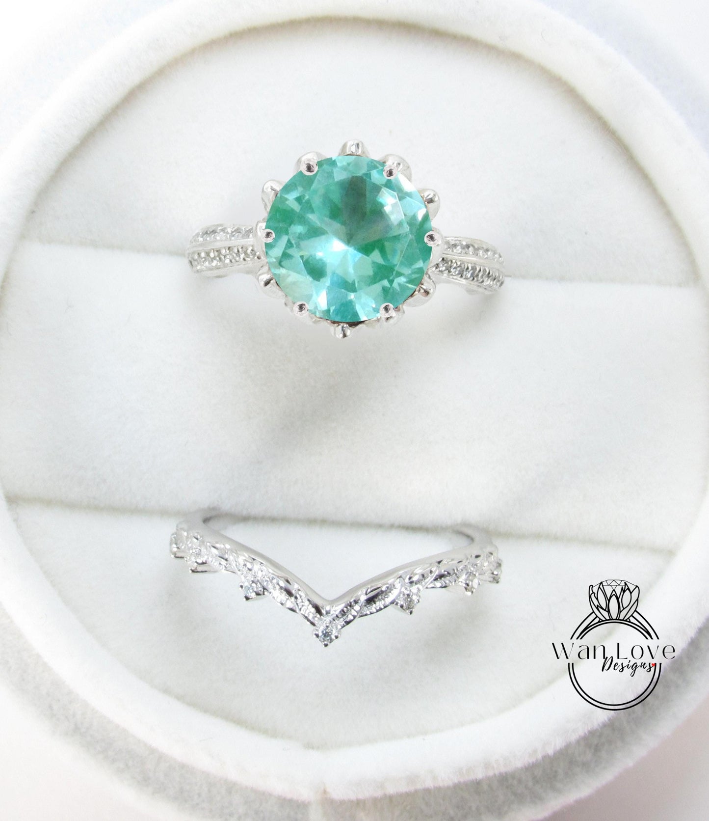 Lotus Teal Spinel & diamond ring set, engagement ring and wedding band, leaves bridal ring, diamond wedding ring, flower engagement ring