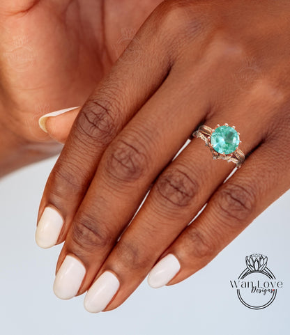 Lotus Teal Spinel & diamond ring set, engagement ring and wedding band, leaves bridal ring, diamond wedding ring, flower engagement ring