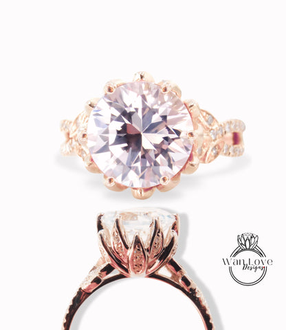 Vintage Light Pink Sapphire diamond engagement ring Lotus leaf flower ring Split Shank ring Rose Gold prong set unique anniversary ring