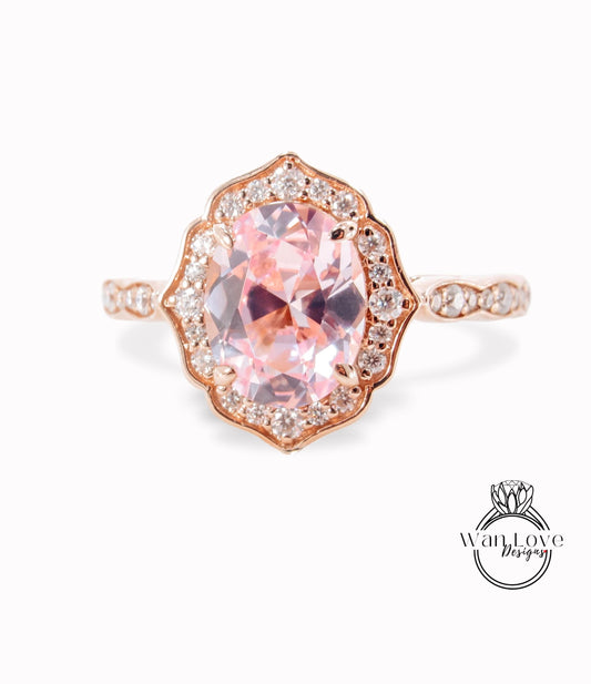 Oval shaped Peach Sapphire engagement ring diamond halo ring moissanite scalloped ring unique vintage ring rose gold ring anniversary ring