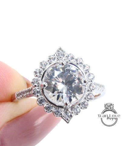 White Gold Art Deco luxurious pave White Sapphire Halo ring, 2ct unique Geometric Halo, Round halo ring, Cathedral Fancy Gallery, Ready Ring