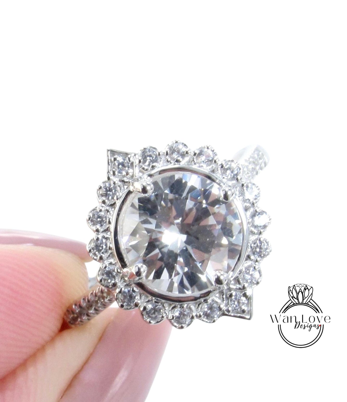 White Gold Art Deco luxurious pave White Sapphire Halo ring, 2ct unique Geometric Halo, Round halo ring, Cathedral Fancy Gallery, Ready Ring