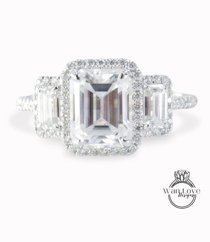 4ct Moissanite Emerald cut Engagement Ring, Radiant Moissanite diamond 3 gem stone ring, solid white gold Bridal Ring, Anniversary ring gift