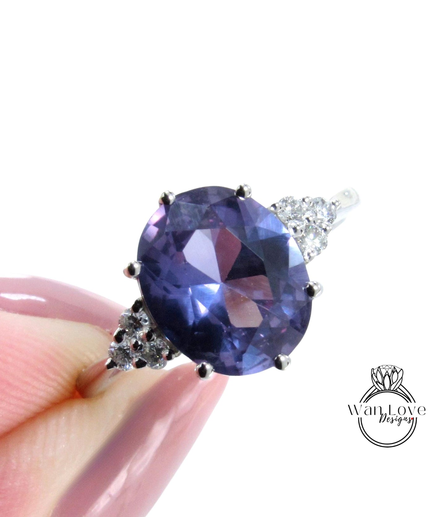 5ct Purple Sapphire Alexandrite color Change Oval engagement ring vintage Unique diamond Cluster Platinum engagement ring women gift-Ready