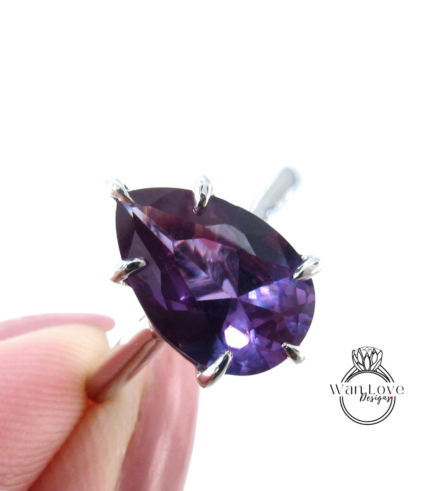 Purple Sapphire Alexandrite Color Pear 6 Prong Solitaire Engagement Ring, 14k 18k White Rose Gold-Platinum-Custom-Wedding, WanLoveDesigns